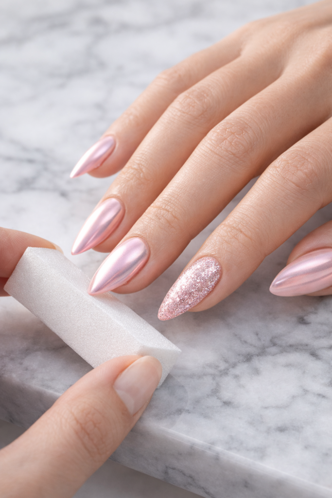 10 Stunning Light Pink Chrome Nail Ideas with Glitter and Bows 3 10 Stunning Light Pink Chrome Nail Ideas with Glitter and Bows