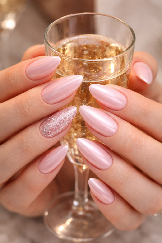 10 Stunning Light Pink Chrome Nail Ideas with Glitter and Bows 2 10 Stunning Light Pink Chrome Nail Ideas with Glitter and Bows
