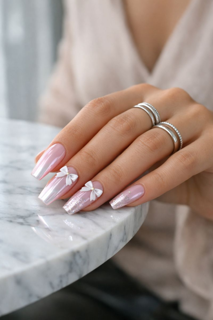 9 Ways to Master Light Pink Chrome Coffin Nails: Glitter, Bows & Ultimate Glam