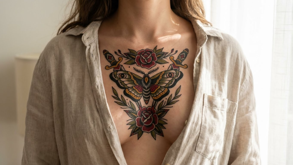 7 Powerful American Traditional Sternum Tattoos for Women Seeking Bold Symmetry