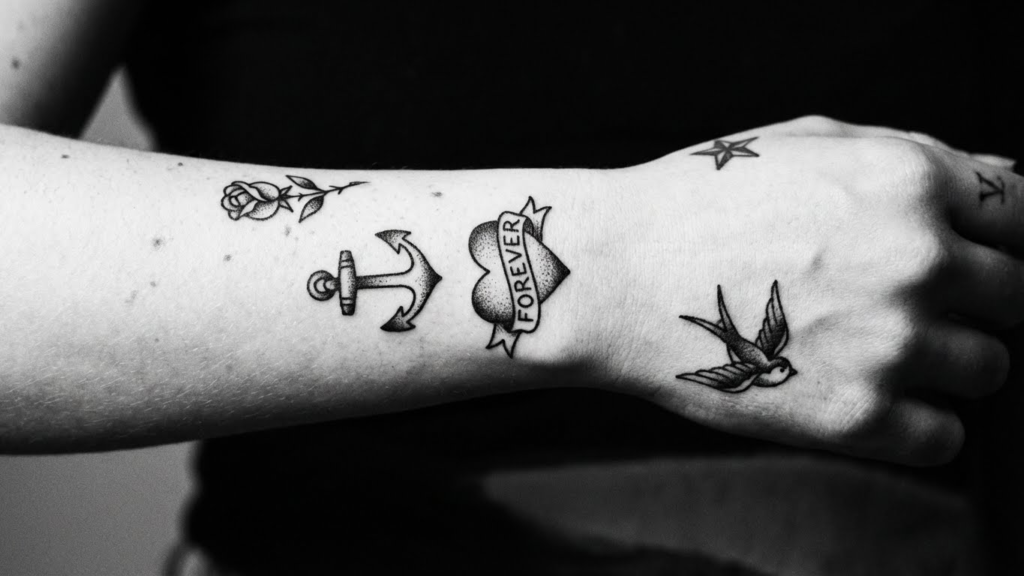 12 Simple & Small Feminine Black and White Traditional Tattoos for Chic Placement (Hands, Feet, Shin)