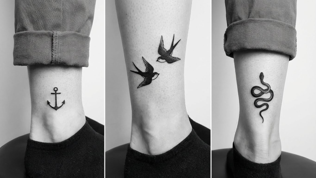 12 Simple & Small Feminine Black and White Traditional Tattoos for Chic Placement (Hands, Feet, Shin)