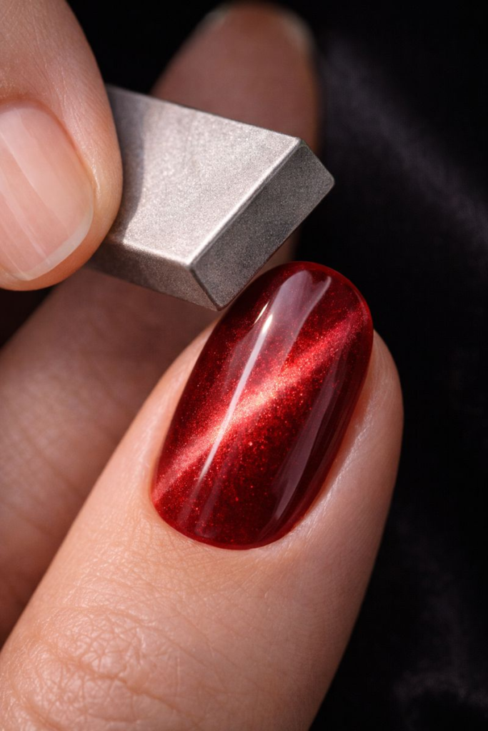 7 Step Tutorial for Cherry Red Cat Eye Nails at Home
