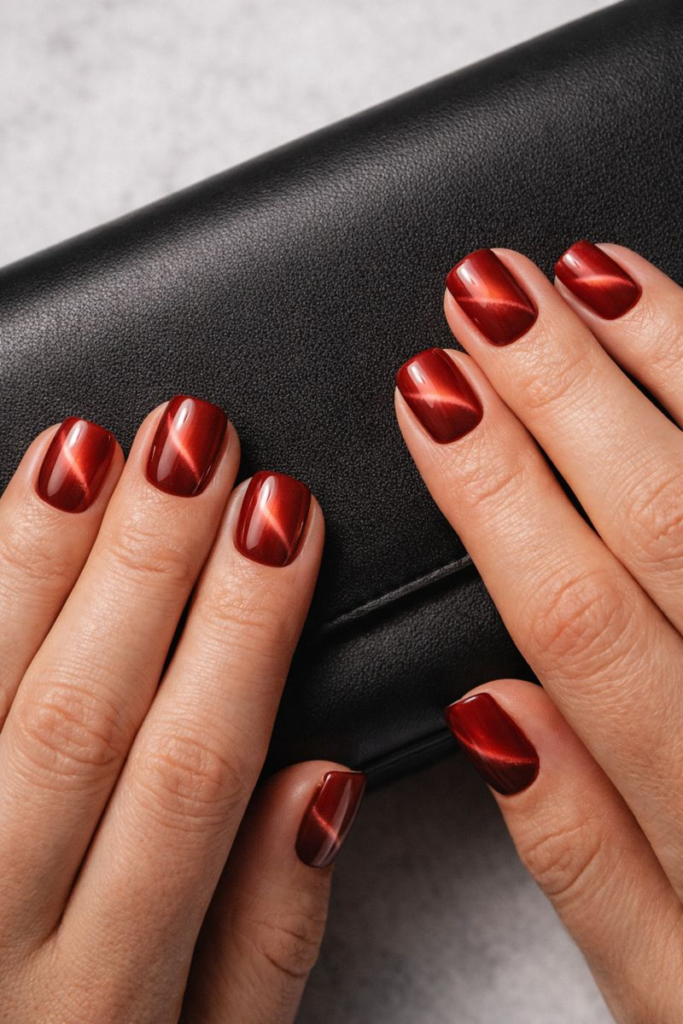 3 Luxe Ways to Wear Cherry Red Cat Eye Nails: Choosing the Perfect Square, Almond, or Coffin Shape