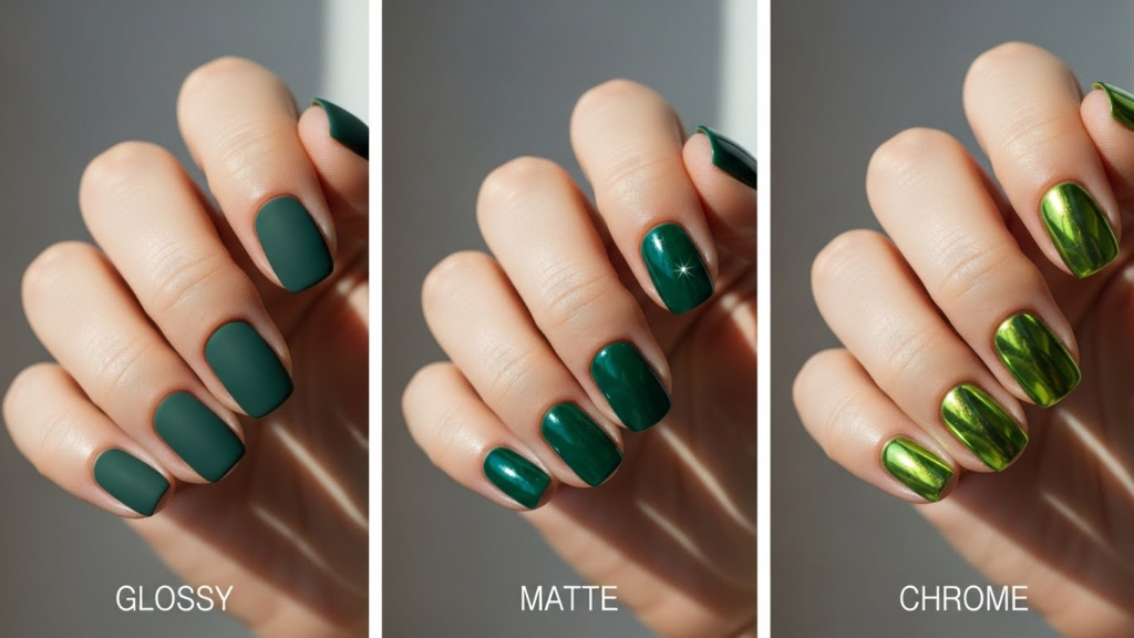 3 Ways to Wear Green Nails: Glossy vs. Matte vs. Chrome Showdown