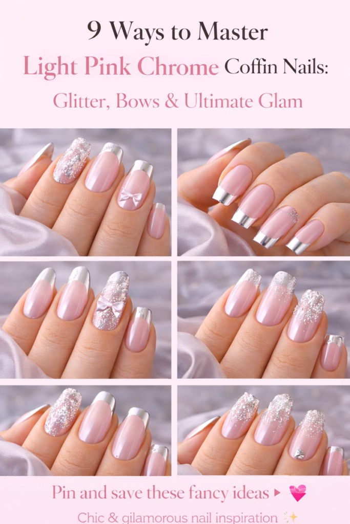 9 Ways to Master Light Pink Chrome Coffin Nails: Glitter, Bows & Ultimate Glam 2 9 Ways to Master Light Pink Chrome Coffin Nails: Glitter, Bows & Ultimate Glam