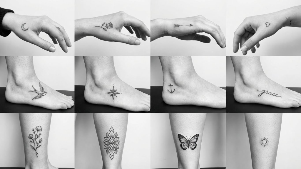 12 Simple & Small Feminine Black and White Traditional Tattoos for Chic Placement (Hands, Feet, Shin)