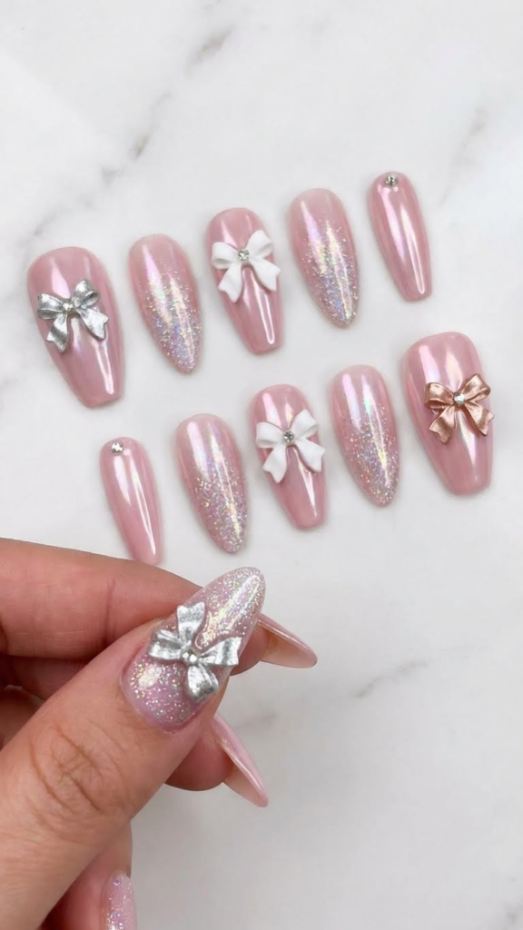 10 Stunning Light Pink Chrome Nail Ideas with Glitter and Bows