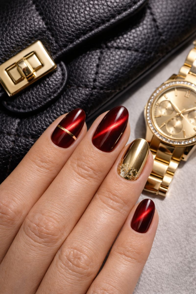 7 Ways to Master the Ultimate Glow: Cherry Red Cat Eye Nails with Chrome & Gold Accents 5 7 Ways to Master the Ultimate Glow: Cherry Red Cat Eye Nails with Chrome & Gold Accents