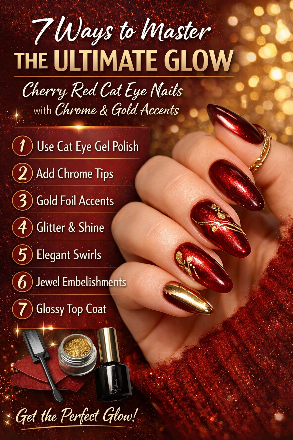 7 Ways to Master the Ultimate Glow: Cherry Red Cat Eye Nails with Chrome & Gold Accents