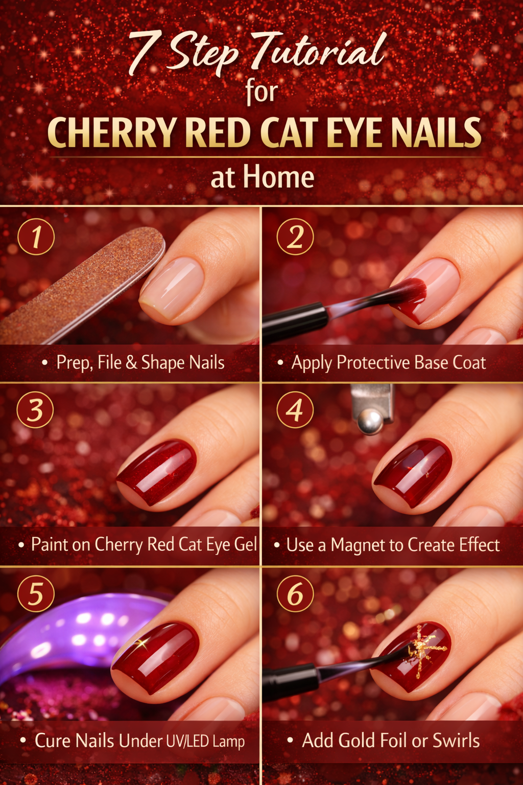 7 Step Tutorial for Cherry Red Cat Eye Nails at Home